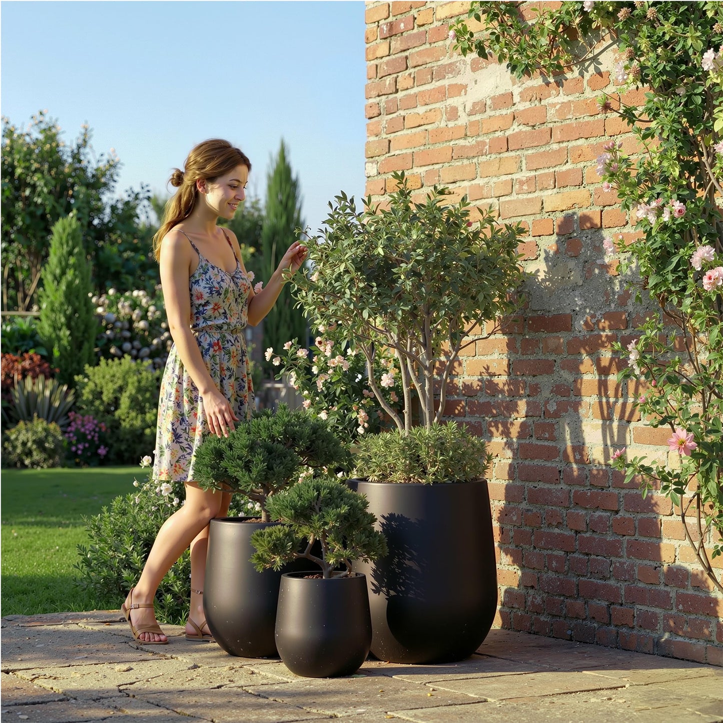 DTY Premium Mt Wilson Tall Tapered Fiberstone Planter for Indoor Outdoor Use, Modern Large Olive Tree Pot with Drainage Hole, Includes 2 Coco Mats. Black, Large 20.1'' D x 21.9'' H. 15.4” Pot Opening