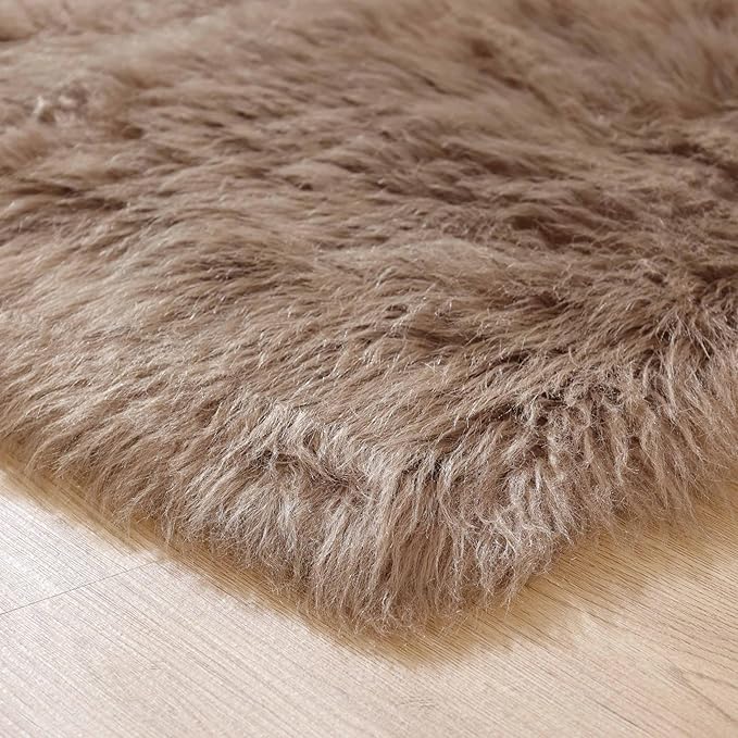 Goolela Fluffy Faux Fur Rug for Bedroom Light Brown Beige 2x3 Furry Fuzzy Sheepskin Rug Small Shaggy Area Rug for Office Playroom Decor Washable Rectangle