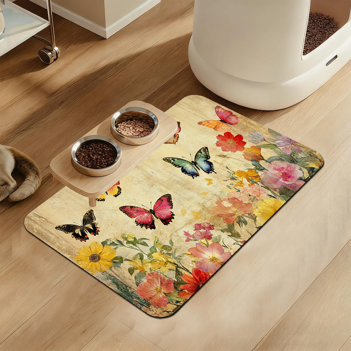 Pink Cat Dog Food Mat–Absorbent Quick Dry Feeding Placemat for Food and Water Bowls, Non Slip Rubber Backing, Waterproof Pet Supplies for Mess-Free Eating 12"x20"