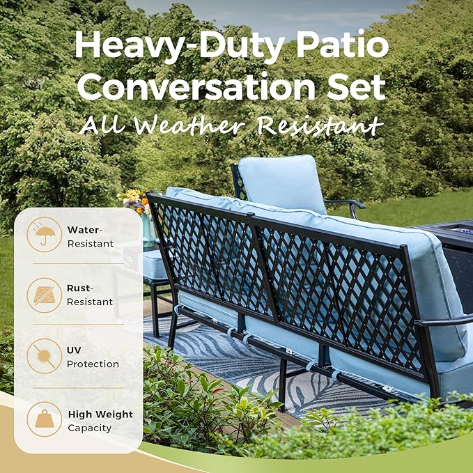 Patio Furniture Set, 6 Pcs Metal Outdoor Conversation Set, 2 Rocker Chairs, 2 Ottomans and 3 Seater Sofa with 5.75" Extra Thick Cushion and Gas Fire Pit Table, Blue