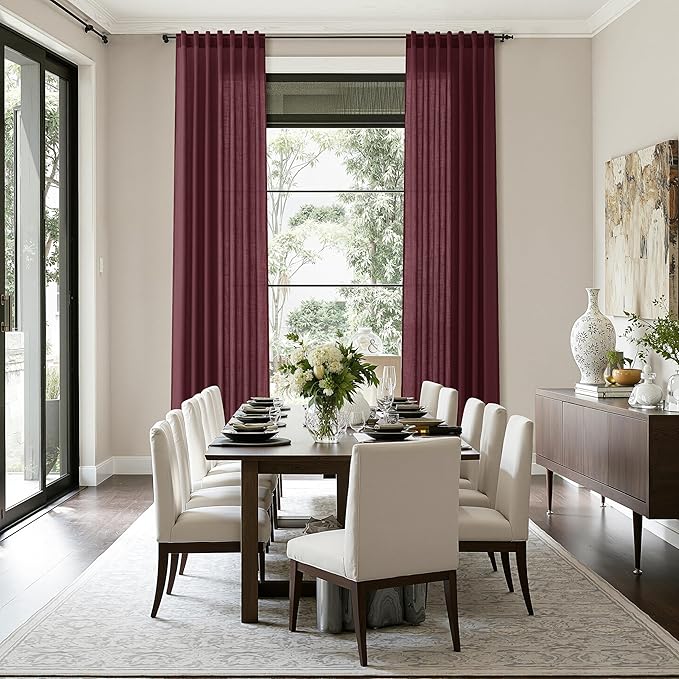 Nanspring Burgundy Linen 144 Inch Curtains for Living Room Light Filtering Semi Sheer Curtain Back Tab Vintage Boho Decor Elegant Drapes Floor to Ceiling High Window for Bedroom 52x144, 2 Panels