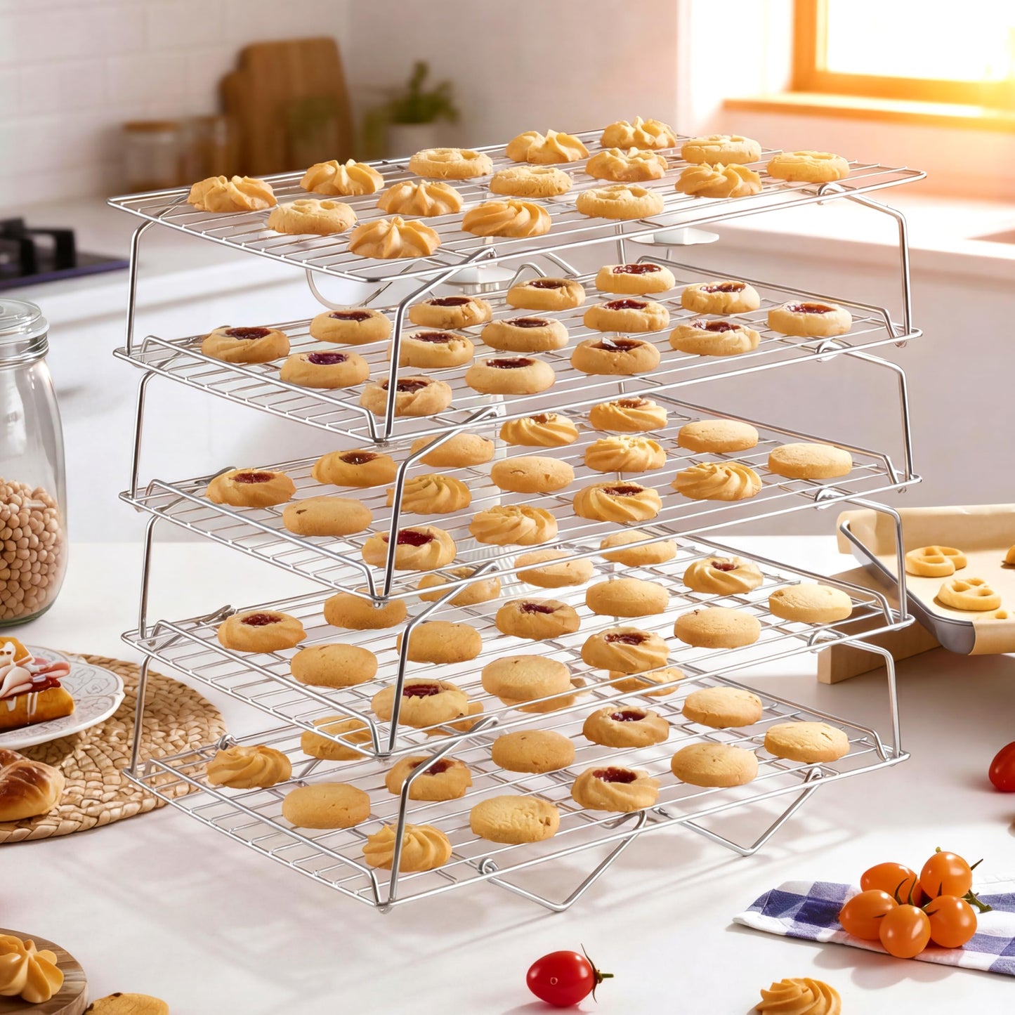 LIANYU Cooling Rack 15"x10", 5-Tier Stackable & Collapsible Stainless Steel Baking Wire Racks for Cooking, Baking, Roasting, Drying, Oven & Dishwasher Safe, Silver