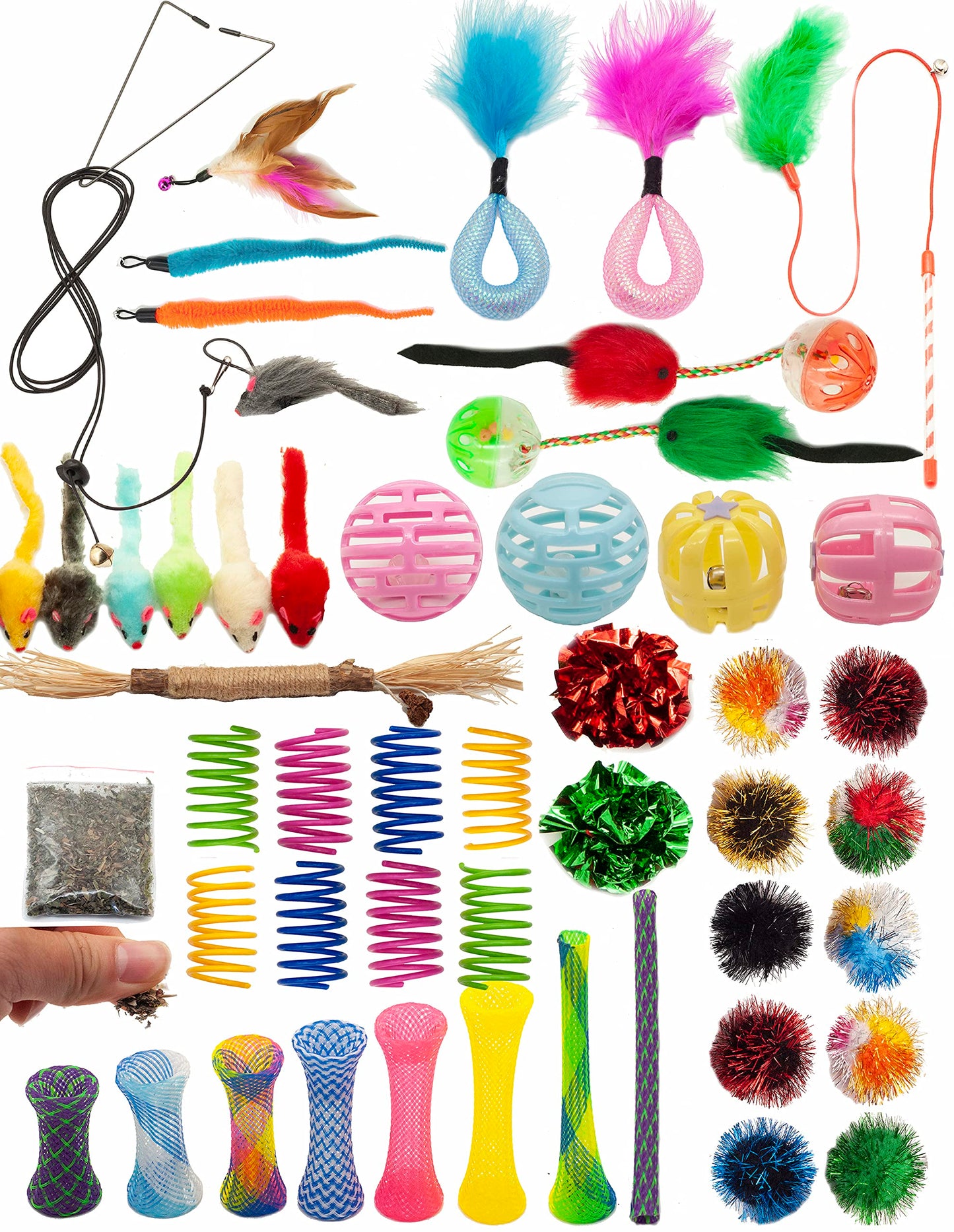 Fashion's Talk Cat Toys 50 Pcs for Indoor Cats,Interactive Door Hanging Mice Feather Toy Cat Spring Toy Cat Wand Catnip Crinkle Balls Silvervine Stick