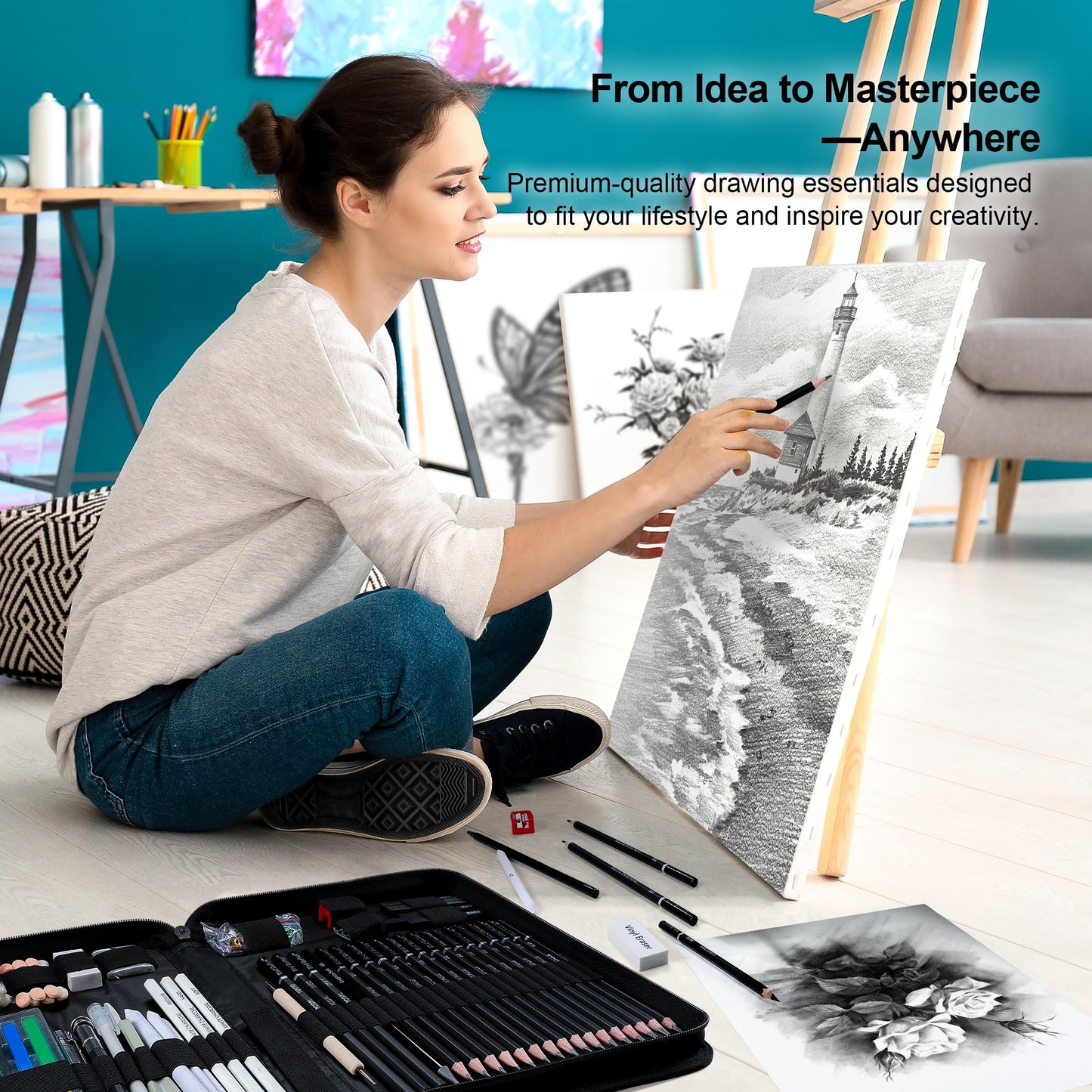 Kird Barken 112 PCS Professional Drawing Set Sketch Kit with 3-Color Sketchbook, Graphite & Charcoal Pencils,Sketching Supplies for Shading & Blending – Ideal for Artists, Adults, Teens & Beginners