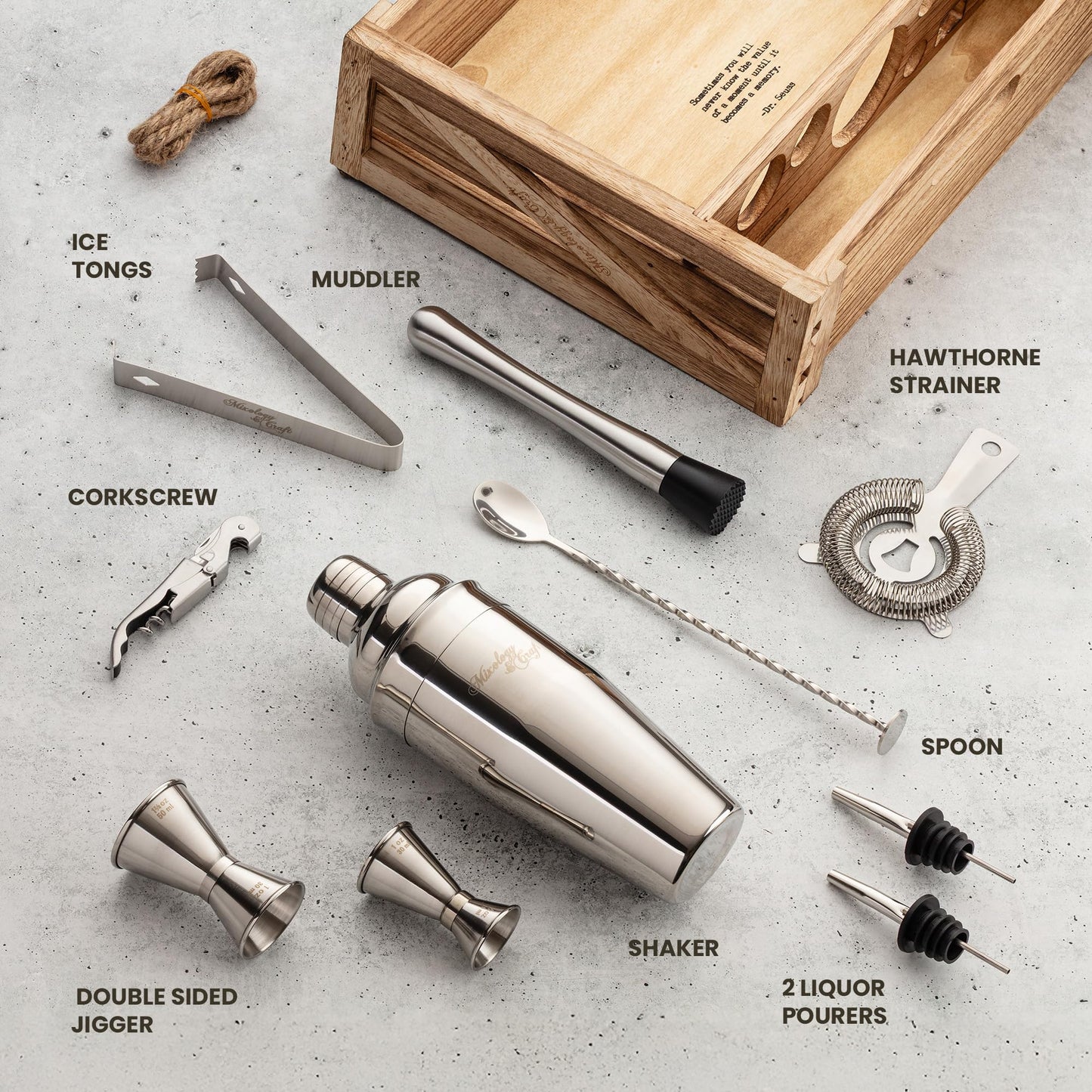 Mixology & Craft Rustic Cocktail Shaker Set – Includes Wood Stand, Complete Barware Kit with 24 Oz Shaker, Dual Jiggers, Pourers, Muddler, Strainer – Perfect for Home Bartenders (Silver)