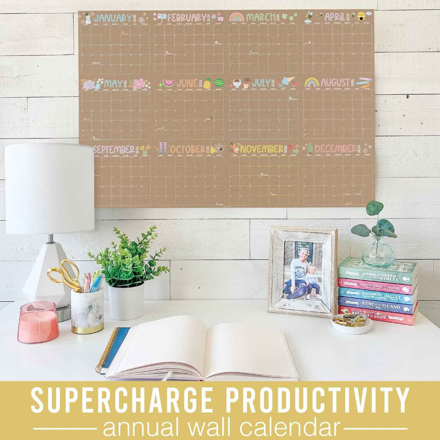 Hadley Designs Yearly Wall Calendar 2026 Large - 12 Month Dry Erase Calendar for Wall, Double-Sided, Reversible, Erasable, Reusable, Full Year Long Annual Planner - Kraft Pastel