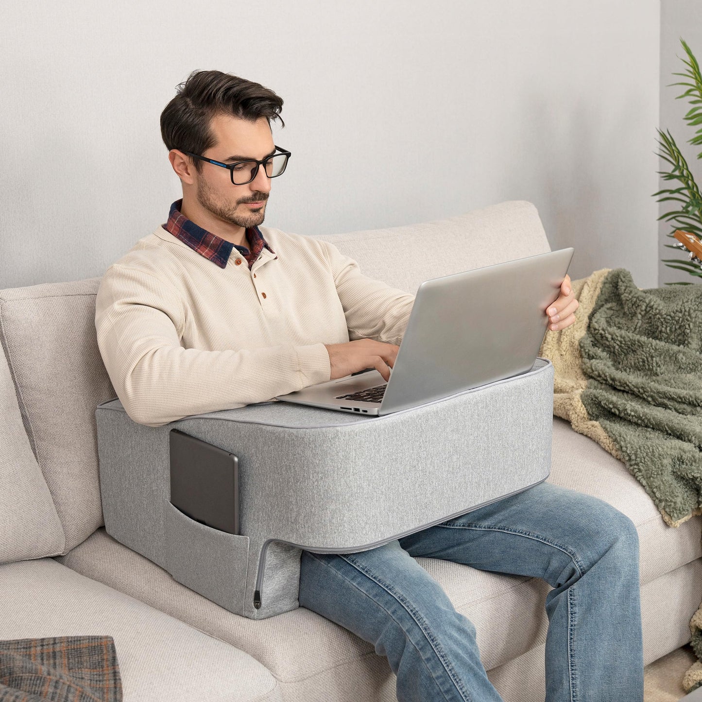 Lavish Home Reading Pillow for Gaming - Lap Desk Pillow with Arm Rests, Storage Pockets, and Removable Washable Cover - Laptop Pillow for Reading, Gaming, Studying, and Working (Gray)