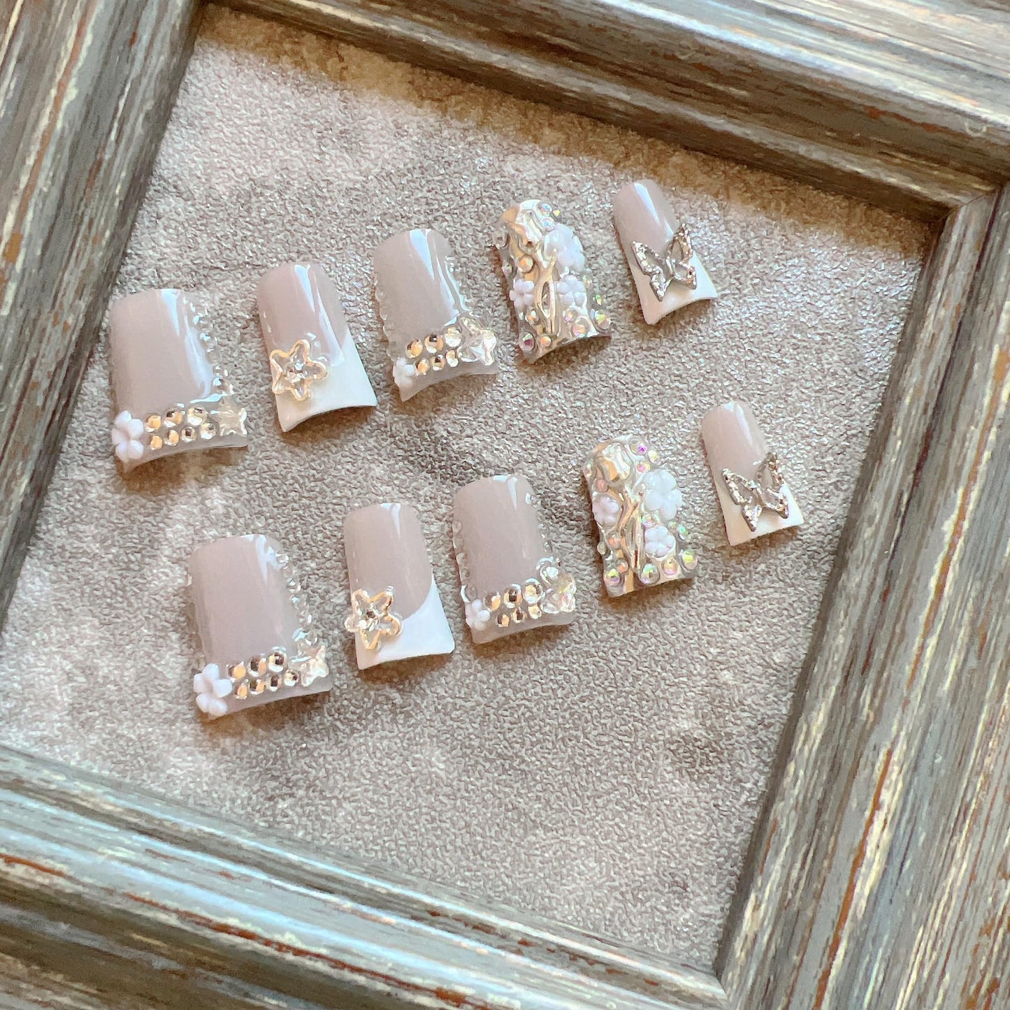 NAIL ANGEL 10PCS/SET Glamorous Handmade Press On Nails Leopard Prints Butterfly Rhinestones French Style Duck Nails Party Nails Duckbill Artifical Tips ZJ16/17 (ZJ-17, M)