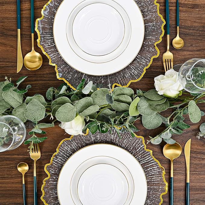 Pesonlook 24Pcs Gold Charger Plates Round 13inch, Clear with Gold Rim, Reef Charger Plate for Dinner, Bulk Plastic Floral Table Plates for Dinner Wedding Party Event