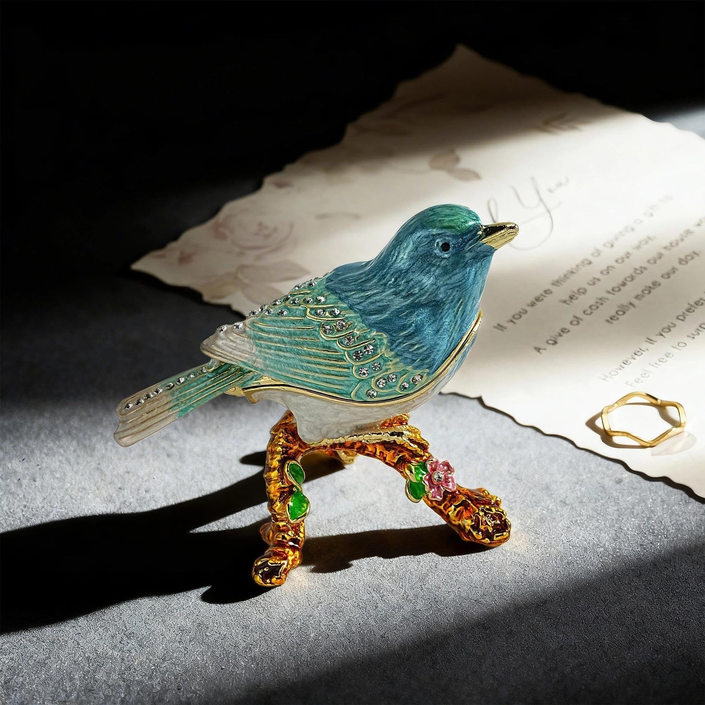 YU FENG Enamel Bird Trinket Box Jewelry Organizer, Hand Painted Decorative Hinged Keepsake Box – Blue Green Perched Bird