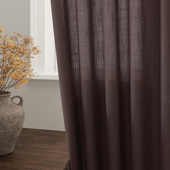 Coffee Linen Curtains 102 Inches Long for Living Room 2 Panel Set Back Tab Rod Pocket Semi Sheer Curtains Light Filtering Burlap Extra Long Drapes Neutral Farmhouse Decor for High Window 52x102
