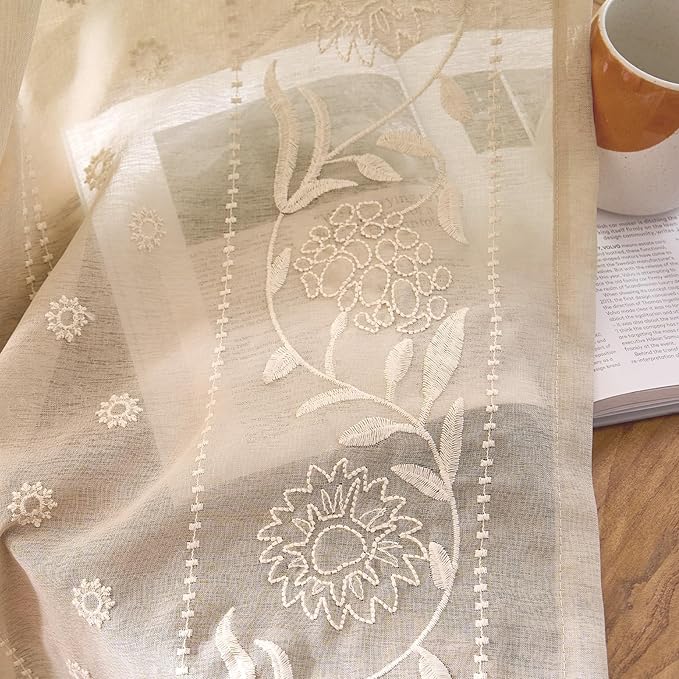 jinchan Winslow Beige Sheer Curtains 84 Inch for Bedroom Living Room Embroidered Bordered Floral Nursery Curtains for Playroom Dorm Light Filtering, Ivory on Beige, 2 Panels, 50W x 84L
