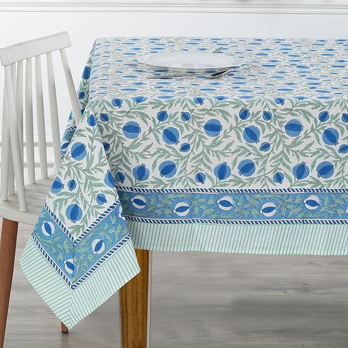 Ridhi Hand Block Print Queen Blue Rectangle Cotton Tablecloth 160" x 72" Reusable Table Cover Decorative Everyday Use for Dining, Farmhouse, Home Gift for Spring, Easter, Valentine