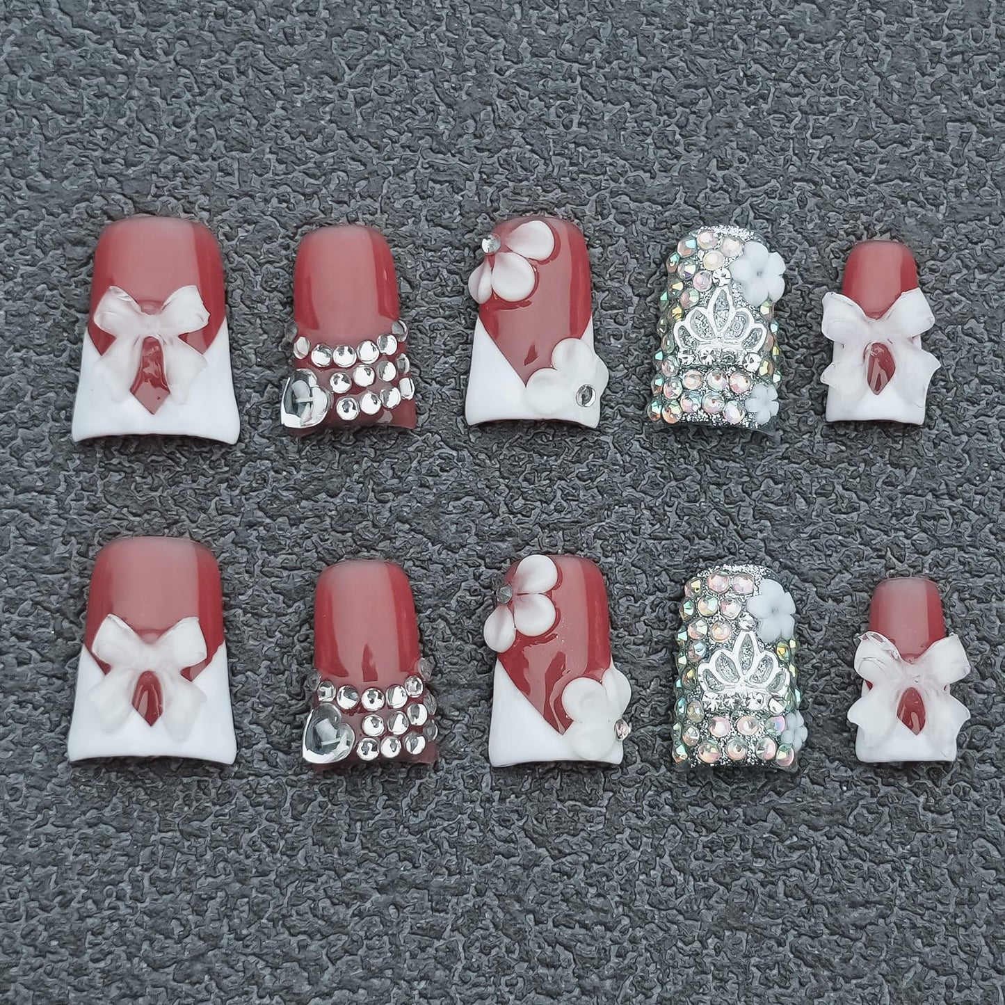 Tesytto Handmade Press on Nails Short Duck 3D White French Tip with V Design 3D Bow Flower Rhinestones Charms Nude Base Elegant Sturdy Art Pink 10 Pcs False Nails Set (Soft Pink Ivory Bow,M)