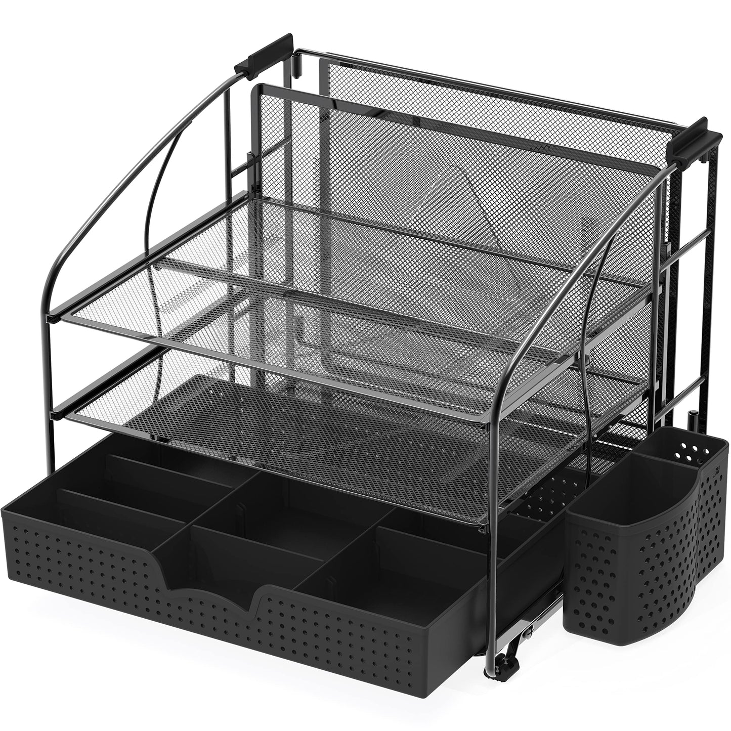 Simple Houseware 3-Tier Desk Organizer with Sliding Drawer, Hanging File Holder and Pen Holder Accessory, Black
