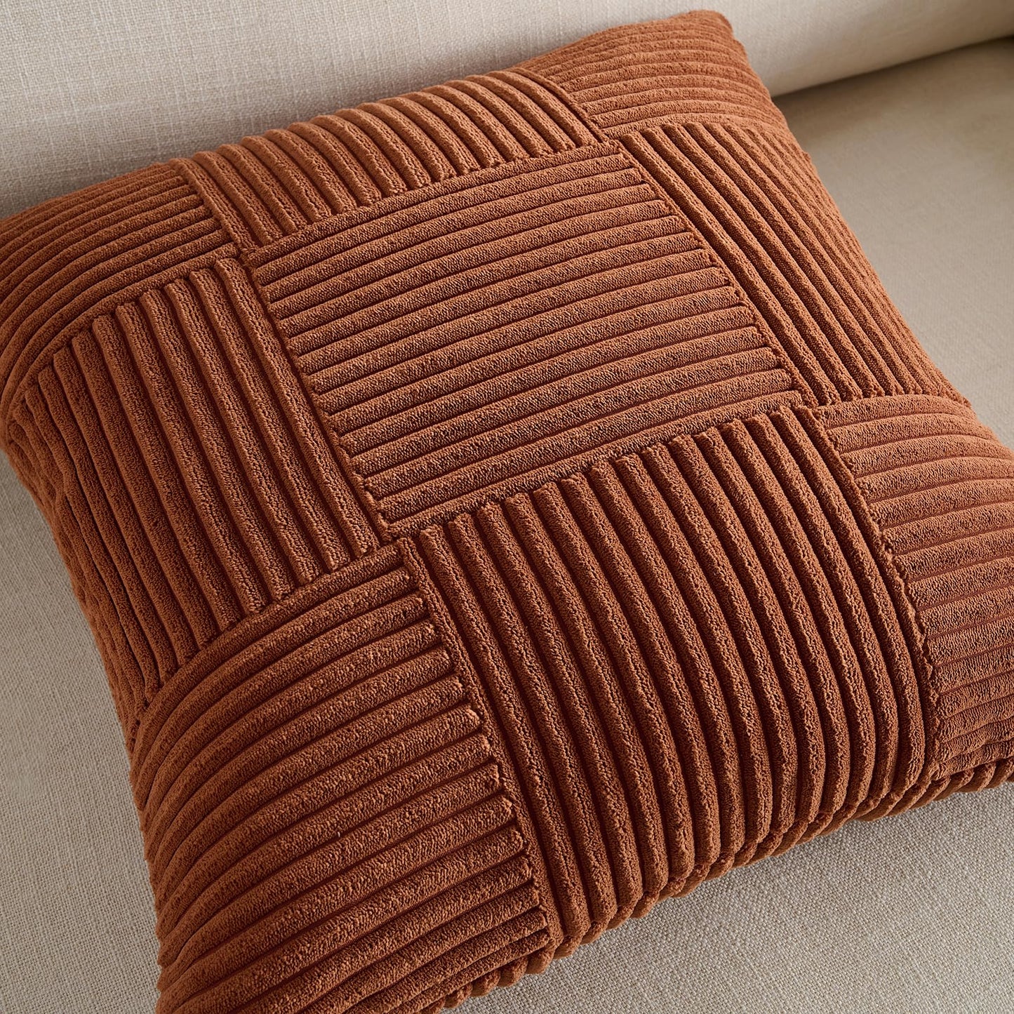 Fancy Homi Set of 2 Rust Boho Decorative Throw Pillow Covers 20x20 Inch for Living Room Bedroom Couch Bed Sofa, Modern Farmhouse Home Decor, Soft Striped Patchwork Plaid Corduroy Accent Cushion Case