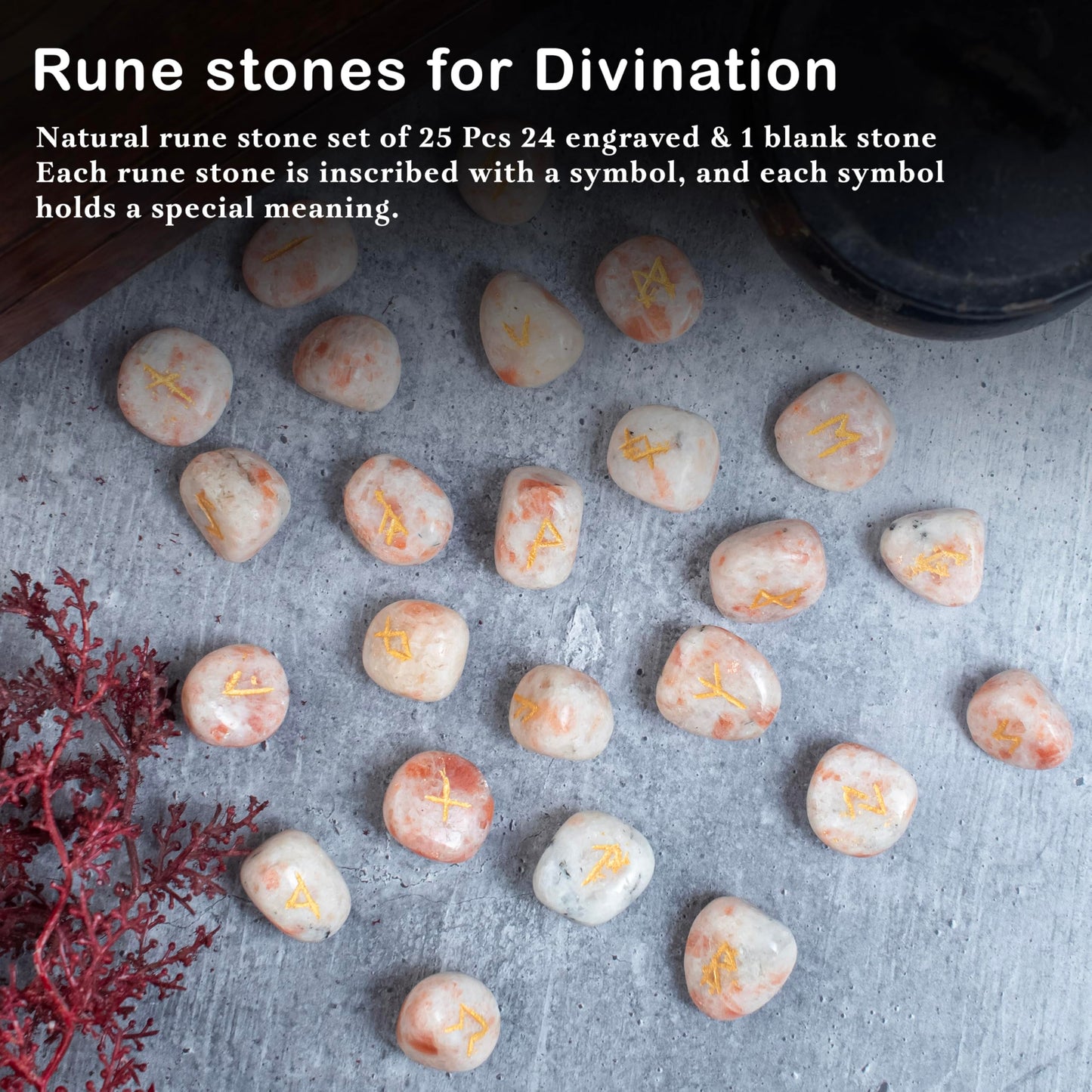 "Crocon Sunstone Rune Stones Set Engraved with Elder futhark Crystal Runes Set, Reiki Healing runas for Meditation Chakra Balancing, Rune Stone for Beginners with Crystal Guide & Pouch |15-20 mm"