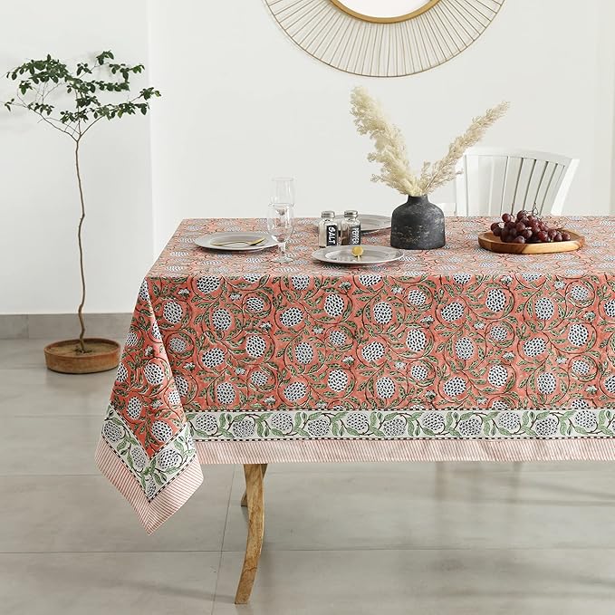 Labhanshi Indian Handblock Print Pre-Washed Cotton Floral 60x90 Inch Rectangle 6-Seater Tablecloth|Rustic Farmhouse Decorative Party Event Wedding Spring Easter Festive Holiday Decor|Dark Salmon Pink
