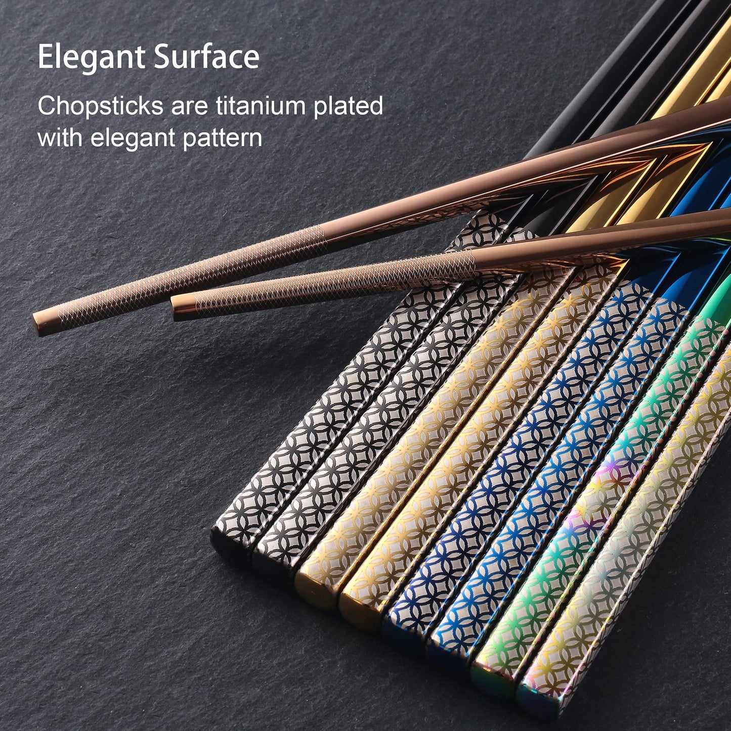 Metal Chopsticks Reusable Multicolor Stainless Steel Chopsticks Dishwasher Safe Chop Sticks Laser Engraved Copper Coin Pattern Square Non-slip, 9 1/4 Inches 5 Pairs Gift Set