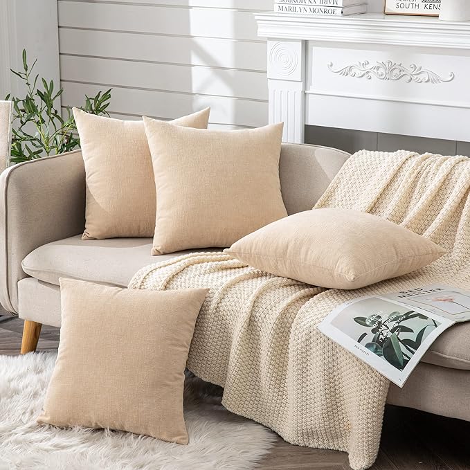 GAWAMAY Decorative Square Throw Pillow Covers 18"x18" Inch Set of 4, Super Soft Chenille Pillows Farmhouse Fall Pillowcase for Living Room Bedroom Sofa Couch Cushion Cover Beige 45x45cm (No Insert)