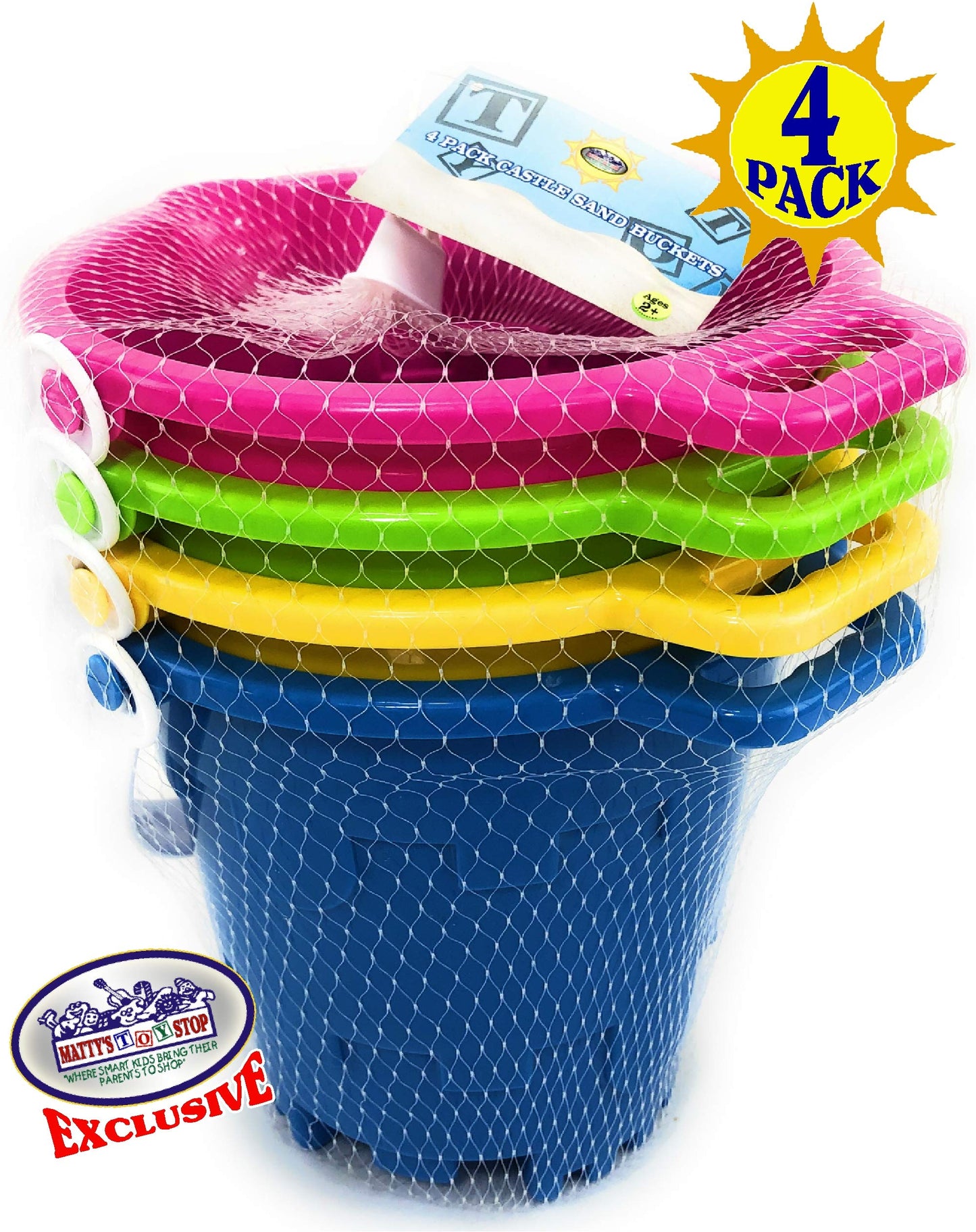 Matty's Toy Stop Beach Gear 7" Plastic Castle Mold Sand Buckets (Pails) with Easy Pour Spout and Handle Blue, Pink, Green & Yellow Party Set Bundle - 4 Pack