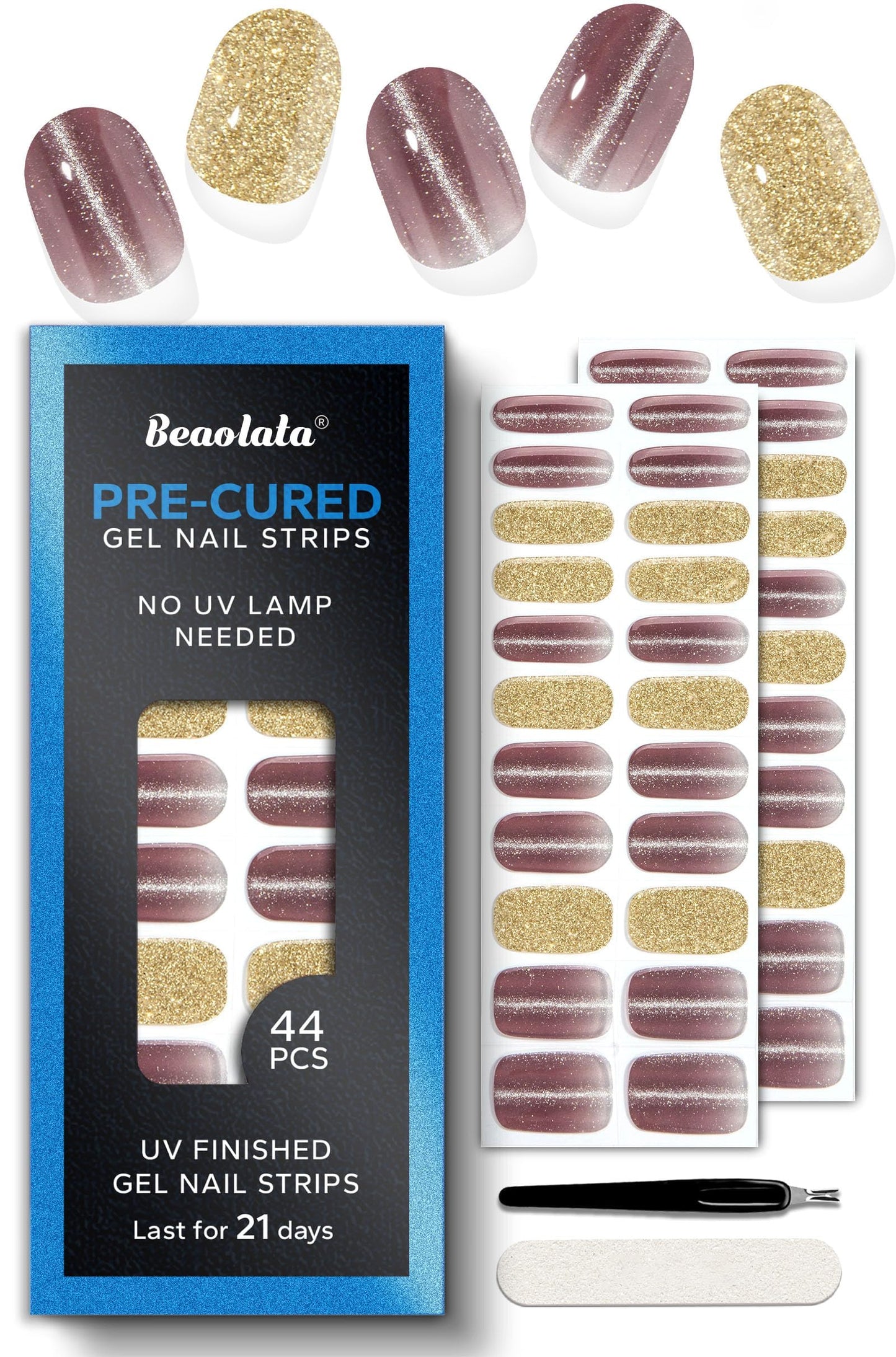 Beaolata Real Gel Nail Strips (No UV Light Needed) - 44Pcs Salon Quality Nail Stickers - Long Lasting Polish Wraps for Women, Easy Apply & Remove (Gothic Purple）