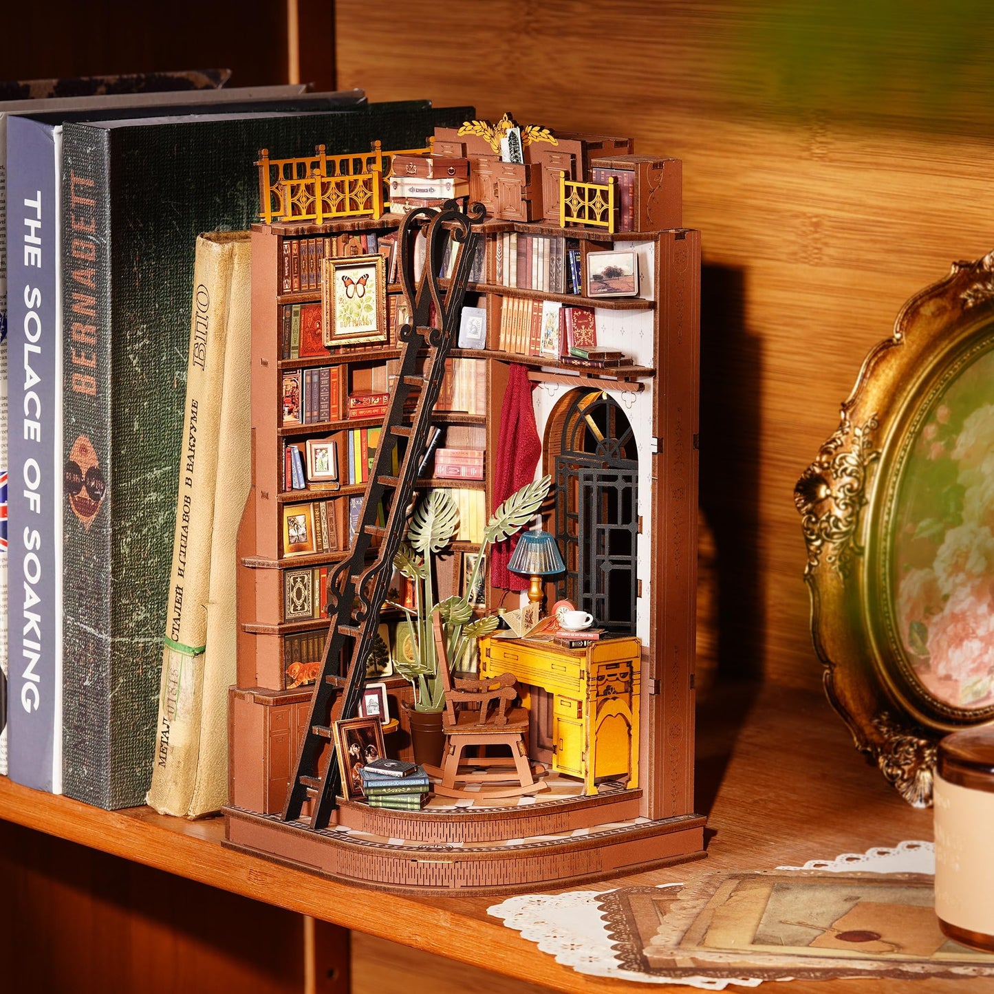 Rolife 3-Hour Easy Build Dark Academia Book Nook Kit, Silent Corner Study TGE02, 3D Wooden Puzzle for Adults, Beginner DIY Miniature with LED Light, Aesthetic Bookshelf Insert & Bookend