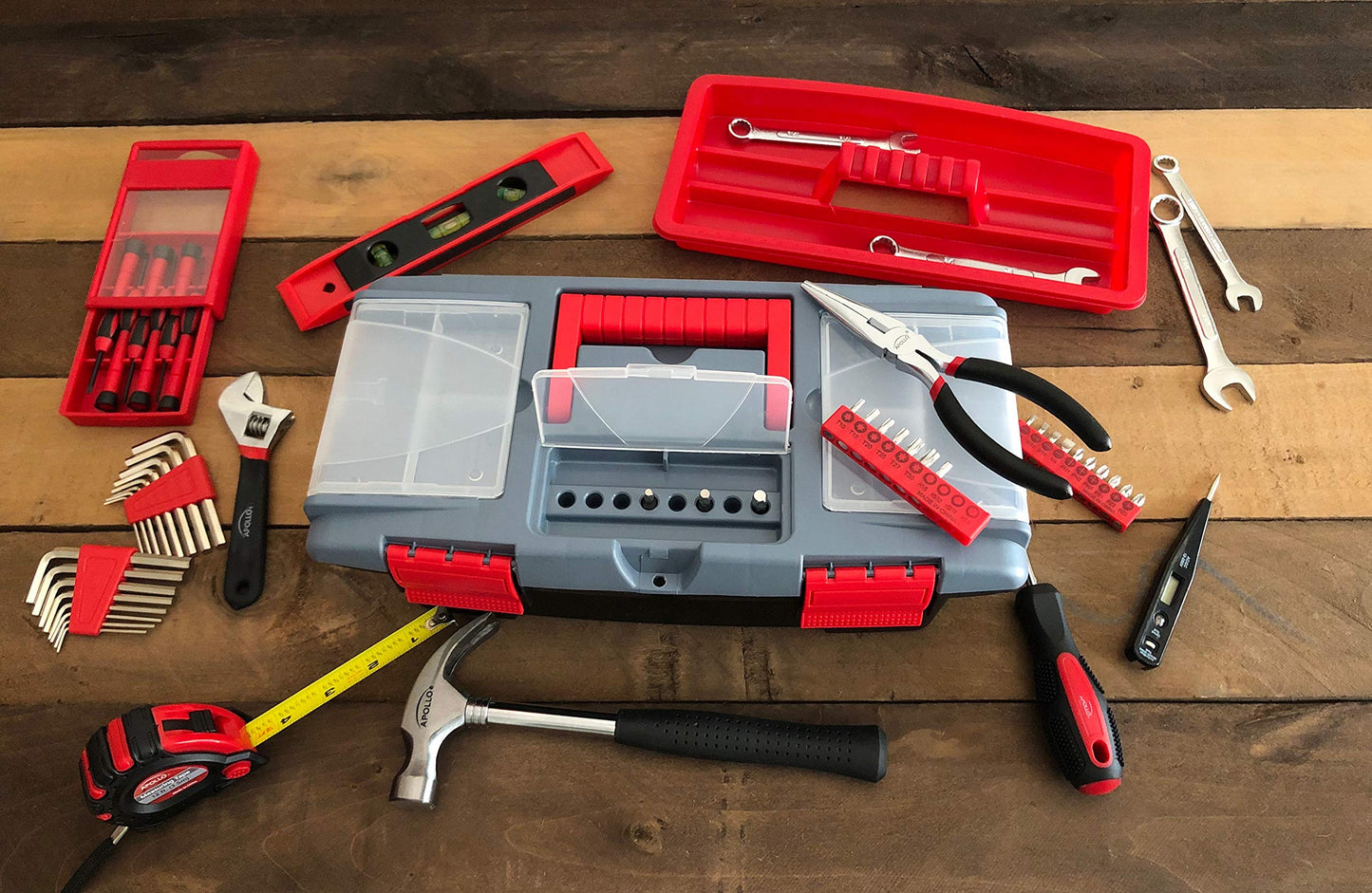 Apollo Tools 53 Piece Household Tool Set Includes Tools and Tool Box with a Selection of Most Needed Tools for Basic DIY Repairs, Maintenance and Crafts - Red