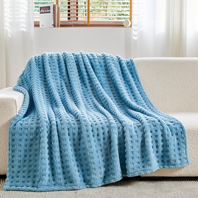 NEWCOSPLAY Super Soft King Blanket Blue Premium Silky Flannel Fleece 3D Waffle Checkered Lightweight Bed Blanket All Season Use (Blue, King(90"x110"))