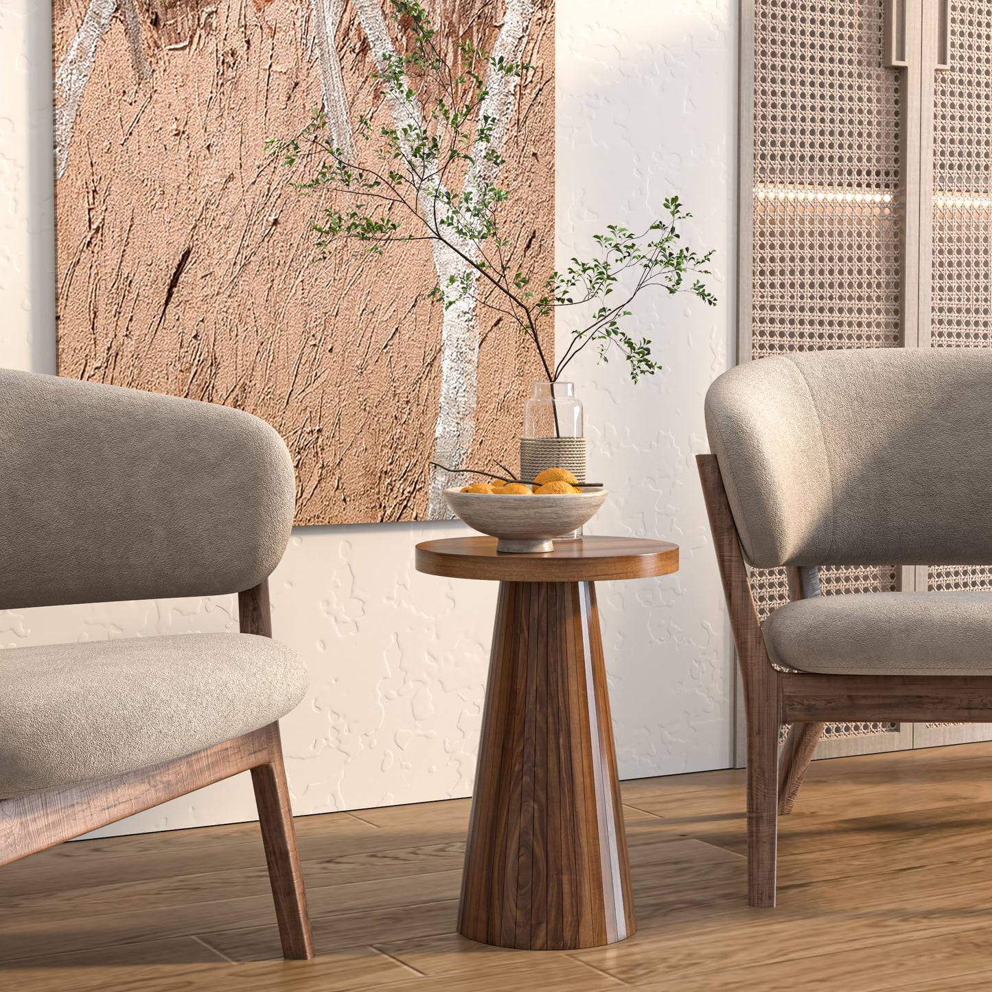 Round Fluted Accent End Table, Pedestal Side Small for Living Room, Mid Century Modern Night Stand, Wood Nightstands for Bedroom (Big Walnut)