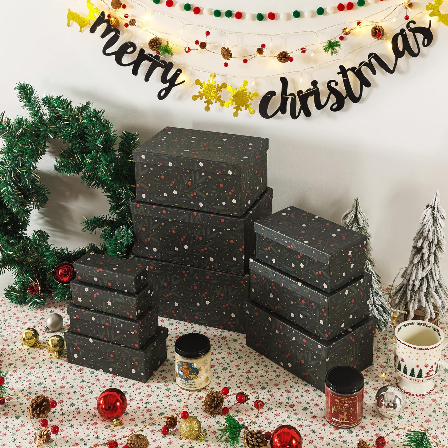 Soul & Lane Christmas Boxes with Lids - Set of 10, Charming Festive Gift Boxes, Decorative Cardboard Holiday Storage with Enchanting Leafy Botanical Pattern