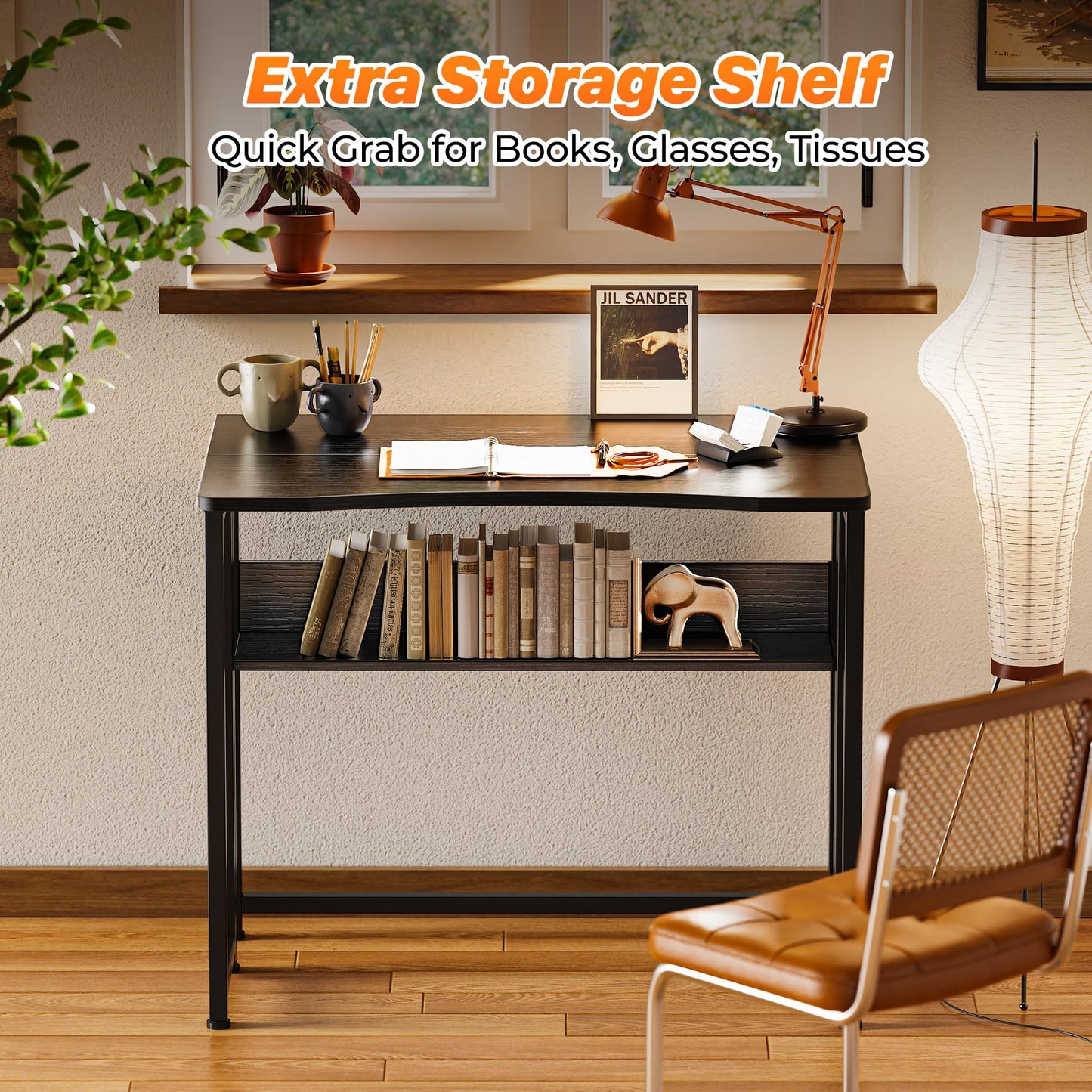 Huuger Folding Desk with Storage Shelf, 31.5 Inch Foldable Computer Table for Small Spaces, Space Saving Sofa Table for Couch, Writing Work Office Computer Desk, Easy to Fold, Black