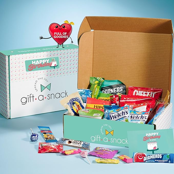 Gift A Snack - Happy Birthday Snack Box Variety Pack Care Package + Greeting Card (45 Count) Bday Sweet Treats Gift Basket, Candies Chips Crackers Bars - Food Assortments Assortments & Variety Gifts