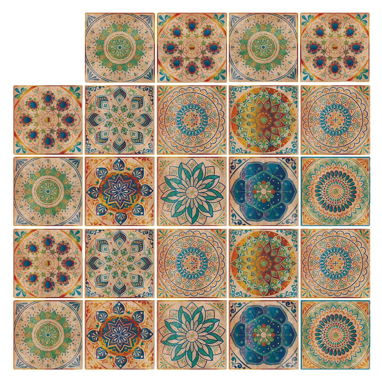 24 Pcs Mandala Style Tile Stickers, Peel and Stick Backsplash Tile Decals for Kitchen Bathroom Wall Furniture (Yellow, 6x6in)