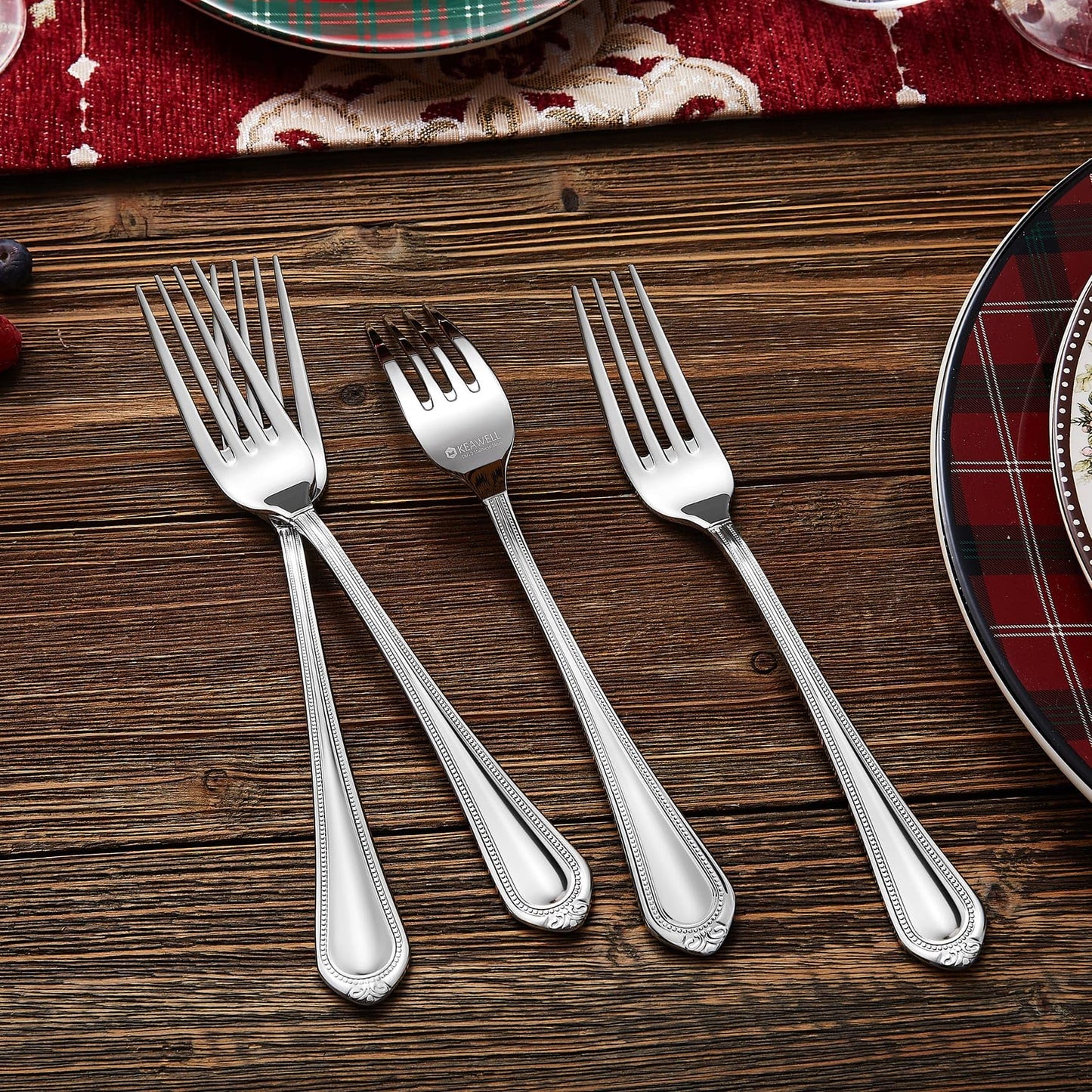 KEAWELL Pearl Edge 4-Piece Premium Fork Set, 18/10 Stainless Steel, Fine Silverware with Mirror Finish, Dishwasher Safe (4, 8" Dinner Forks)