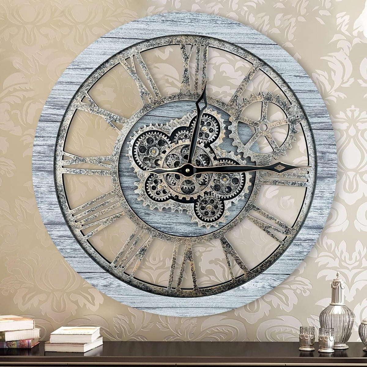 HOIBAI Wall Clock, Clocks for Living Room Decor 20 Inch Big Moving Gears Clock Farmhouse Vintage Rustic Wall Clock for Home Bedroom House Kitchen Wall Decor