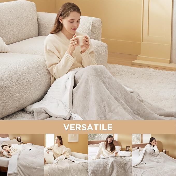 Bedsure Heated Blanket Electric Throw - Soft Flannel Electric Blanket, Heated Throw with 4 Time Settings & 6 Heat Settings, Warm Gift for Grandma (50x60 inches, Cream)