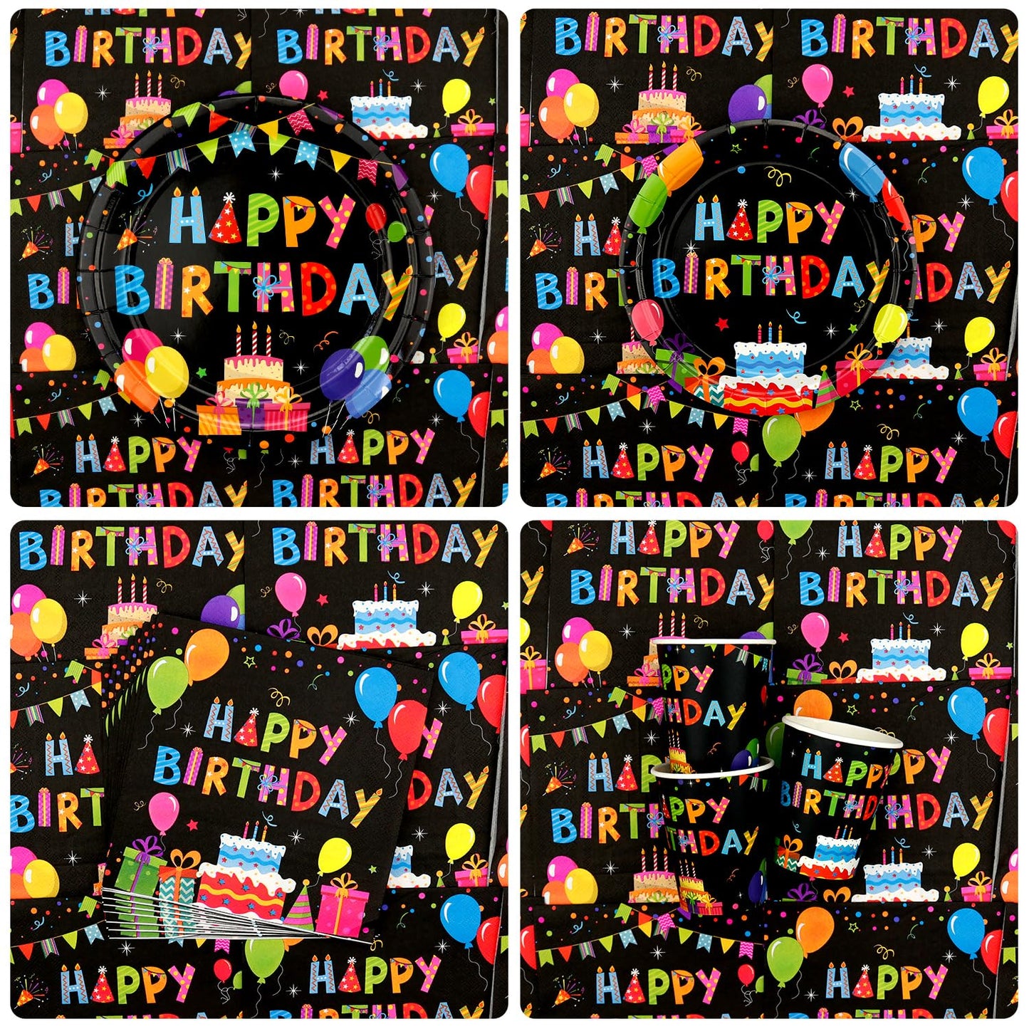 Obussgar Colorful Black Party Decorations - Black and Colourful Party Supplies including Backdrop, Plate, Cake Topper, Cup, Napkin, Balloon, Tablecloth - Serves 20
