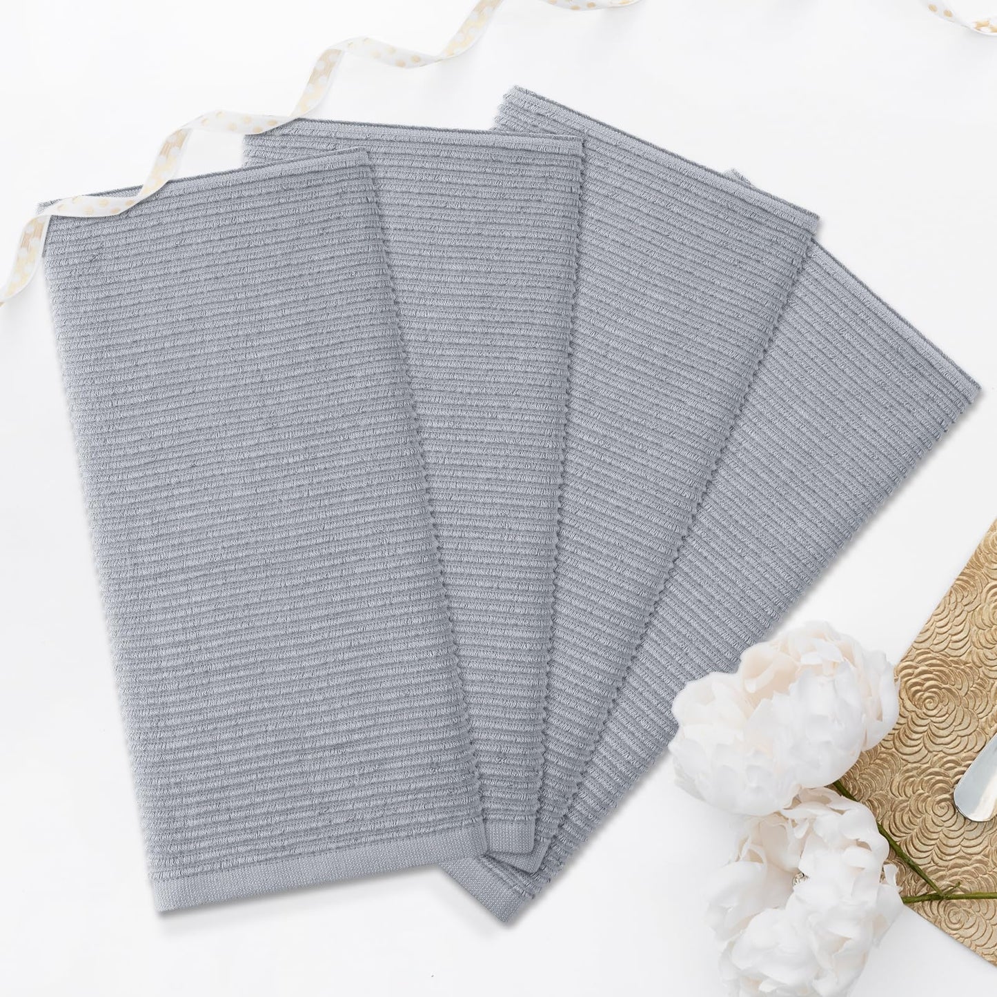 Homaxy Premium Kitchen Towels (18"x 28", 6 Pack), Large 100% Cotton Kitchen Hand Towels, Ultra Absorbent Ribbed Terry Tea Towels Set with Hanging Loop, Grey