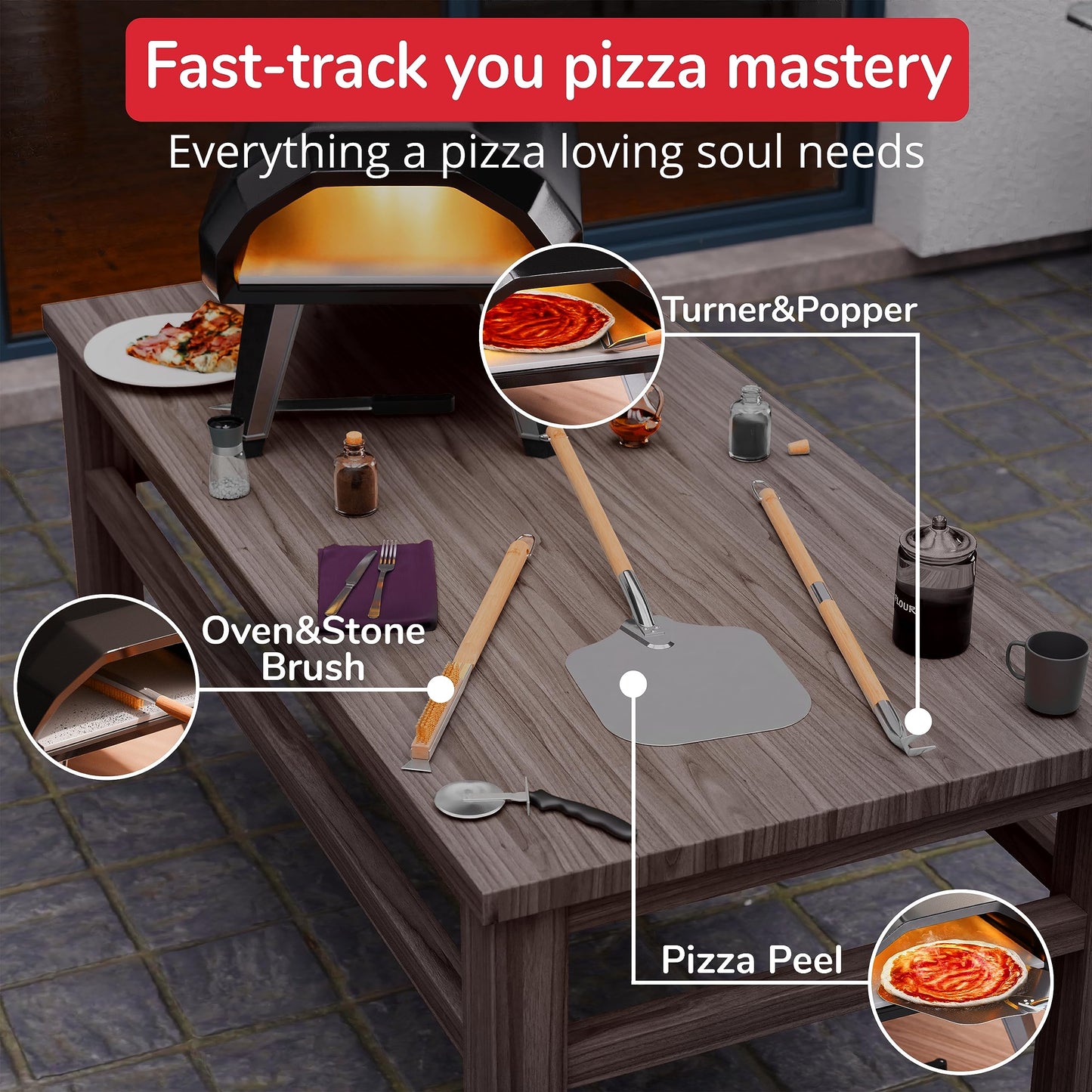 Senwosa Premium Pizza Oven Accessories Kit - 6-Piece Set for Home Pizza Making: Includes Pizza Peel, Oven Brush, Bubble Popper Turner, Rocker Cutter, Dough Roller & Scraper