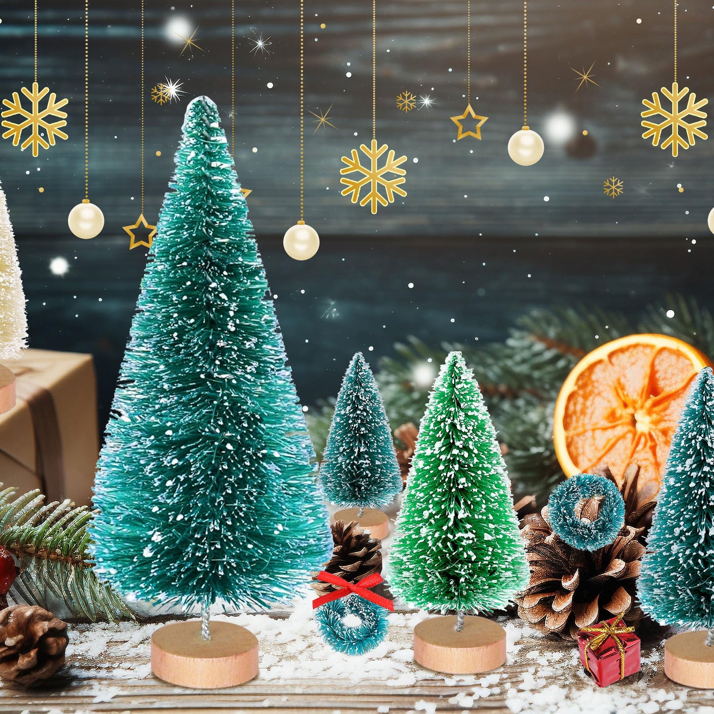 Iceyyyy 56 Pcs Artificial Mini Christmas Trees Set - Miniature Sisal Frosted Christmas Trees Bottle Brush Trees for DIY Crafts Home Table Top Decor