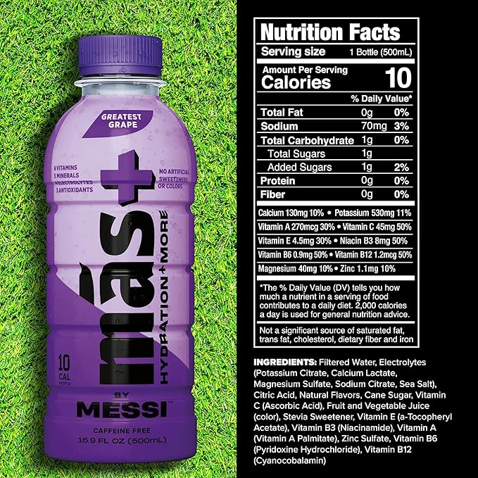 Más+ By Messi Greatest Grape, Sports Drink & Hydration Beverage, Natural Flavors with Vitamins and Electrolytes, No Artificial Sweeteners or Colors, 12-pack