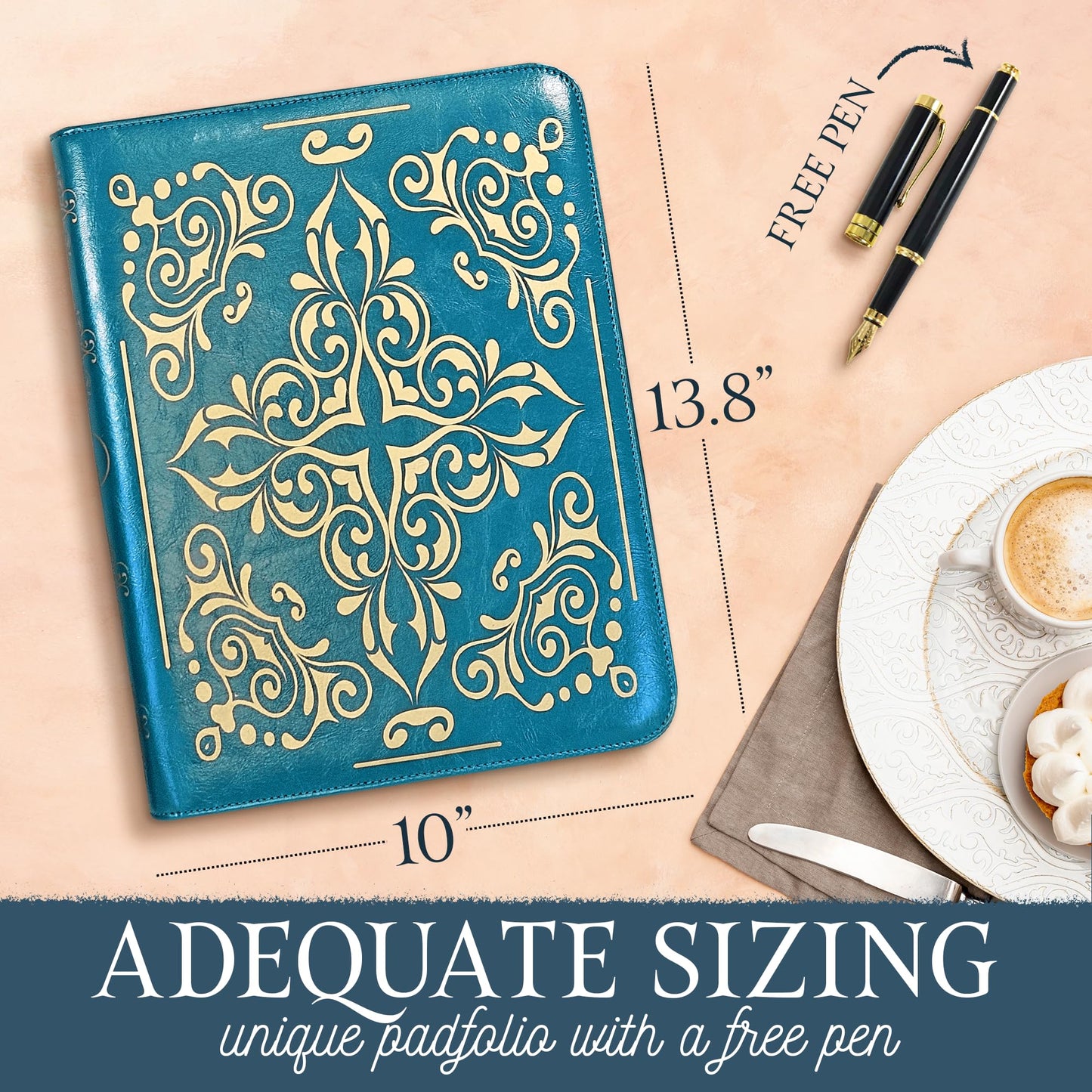 Professional Padfolio for Organized Productivity, Zippered Portfolio, Business Card & Interview Portfolio, Tablet, Laptop, Phone & Folder Holder, Included Pen & Notepad, Antique Teal Binder.