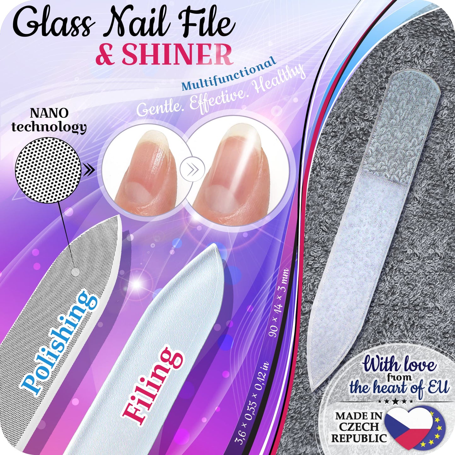 GLADZY Czech Glass Nail Buffer Set with Glass Nail File & Cuticle Pusher, 3 pcs Manicure Kit with Case, Multi-Functional Nano Shiner, Manicure Stick, Etched Crystal File for Natural Nails, Made in EU