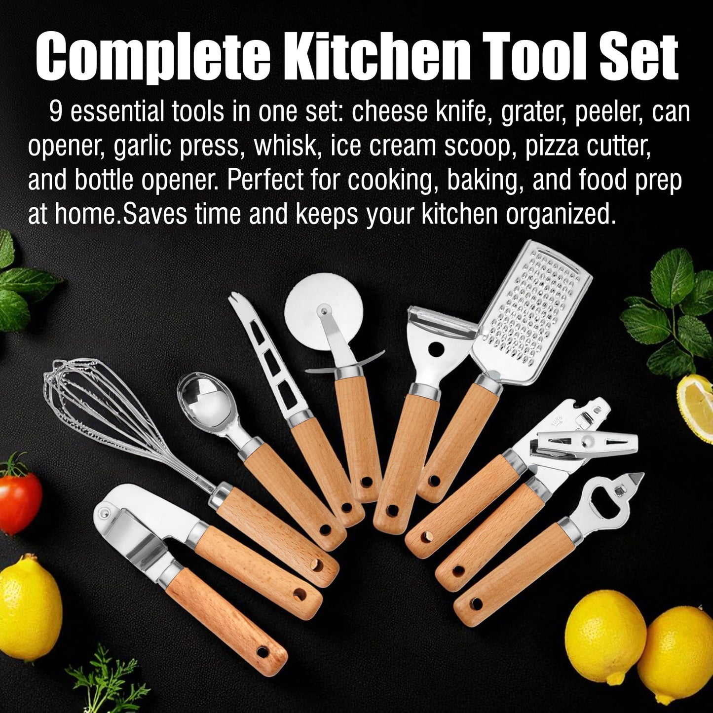 Stainless Steel Kitchen Gadget Set – 9 PCS Western Cooking Utensil & Tool with Wooden Handle: Pizza Cutter, Garlic Press, Can and Bottle Opener, Ice Cream Scoop, Peeler, Cheese Grater and Knife, Whisk