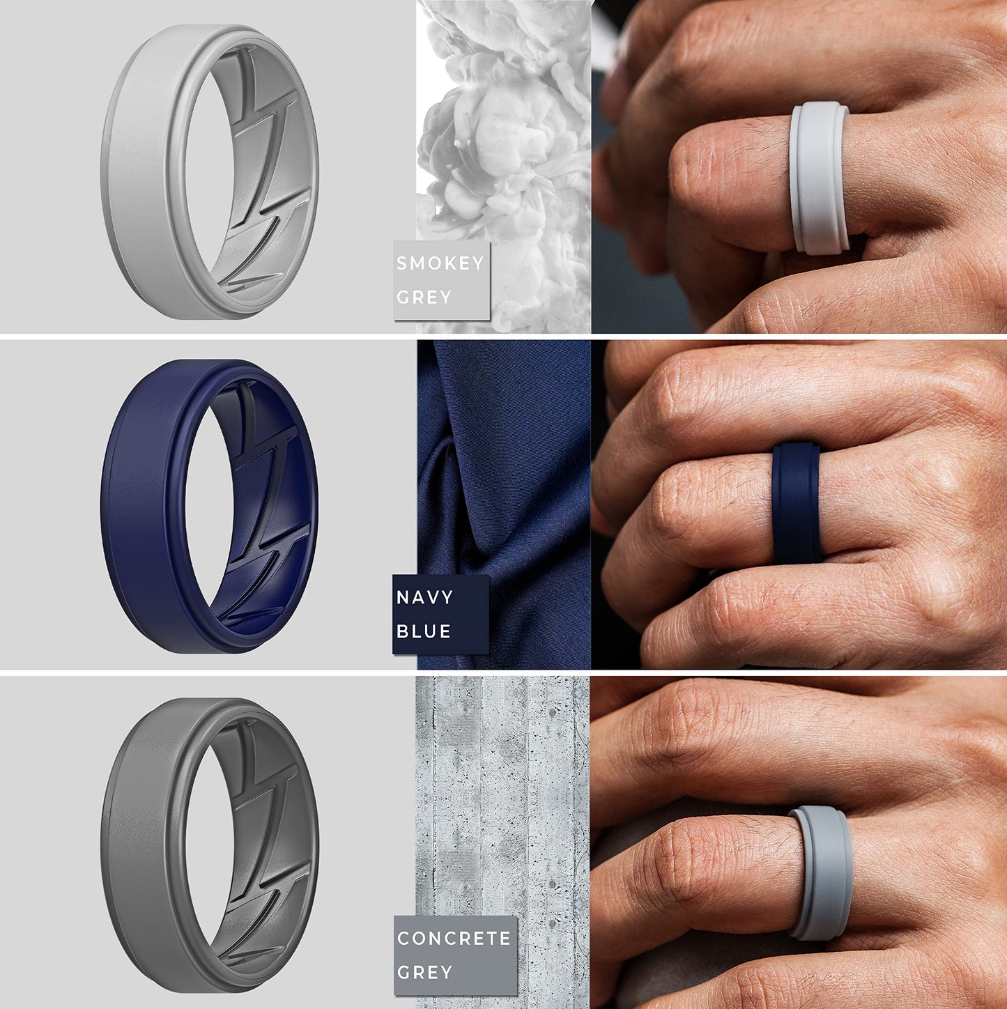 ThunderFit Silicone Wedding Rings for Men Breathable Airflow Inner Grooves, Step Edge Sleek Design Rubber Engagement Bands 8mm Wide 2mm Thick, Variety Multipack 1-7