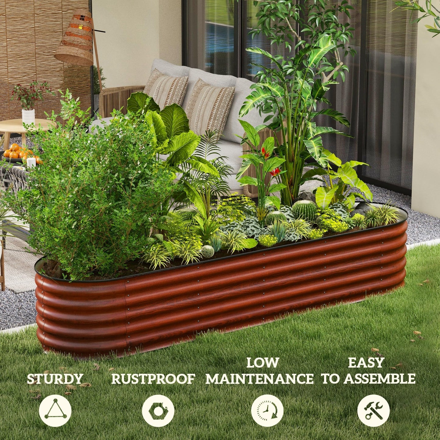 Amacv 8' x 2' x 1.4' Galvanized Raised Garden Bed Kit, Outdoor Metal Elevated Planter Box with Safety Edging, Easy DIY Stock Tank for Growing Flowers, Herbs & Vegetables, Brown