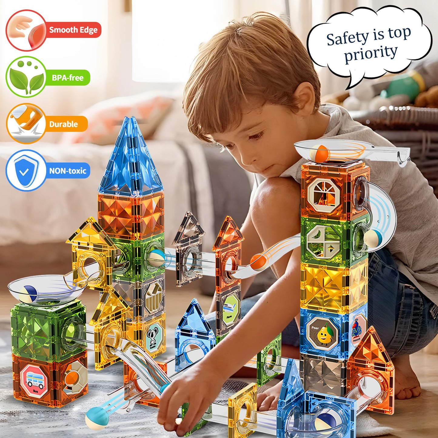 ROHSCE Glowing Magnetic Marble Run Set 142PCS, STEM Educational Magnet Building Toys, 4D Diamond Surface Light Magnetic Tracks, Creative Marble Maze Gift for Boys and Girls Ages 3-12