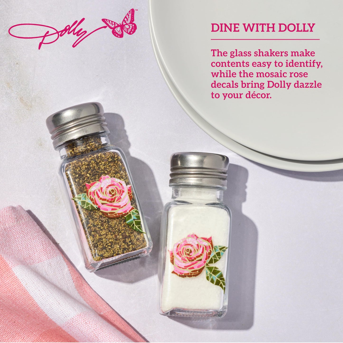 Dolly Parton Glass Salt and Pepper Shakers with Mosaic Rose Design, Easy to Fill, Set of 2, 3 Ounce