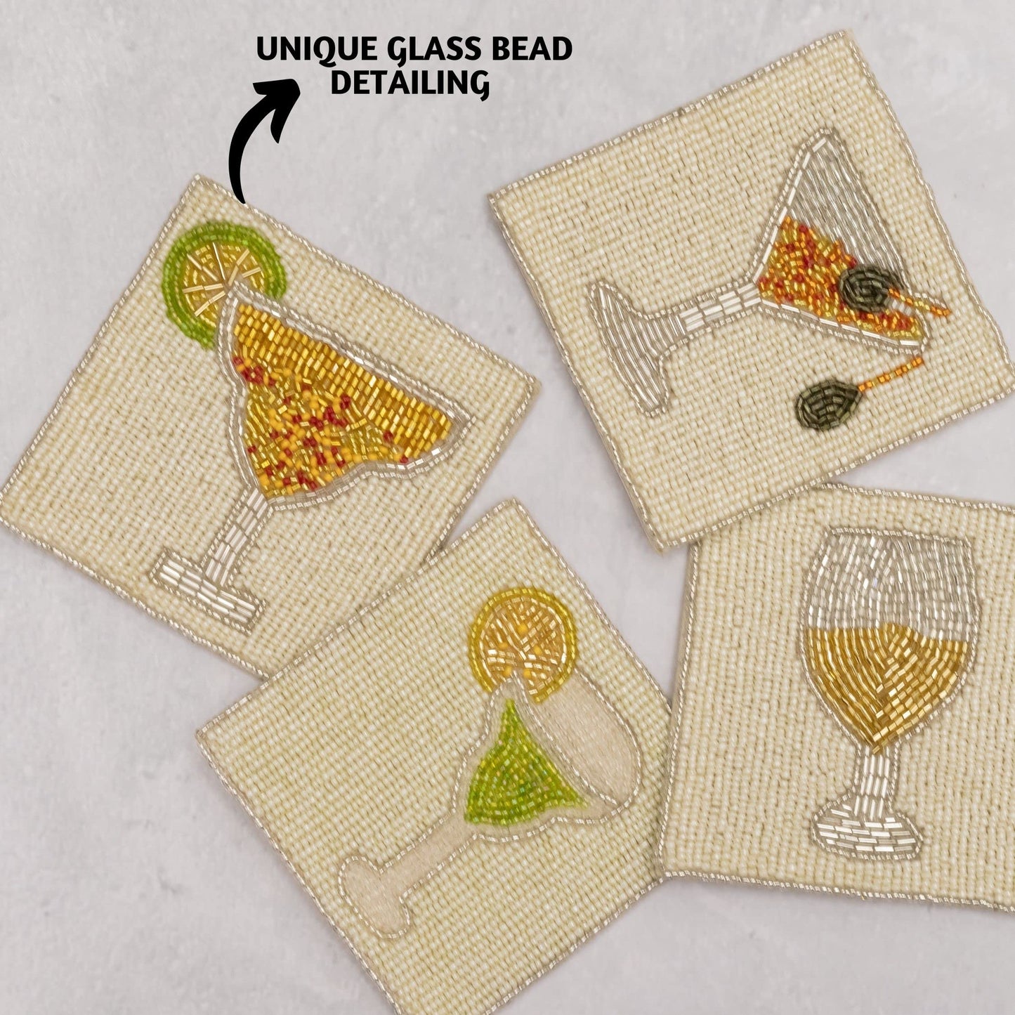 Folkulture Coasters Set of 4 (4")| Beaded Cocktail Handmade Square Drink Coasters for Coffee Table & Bar | Boho Home & Party Décor | Hand-Crafted Cute Coasters for Housewarming Gifts